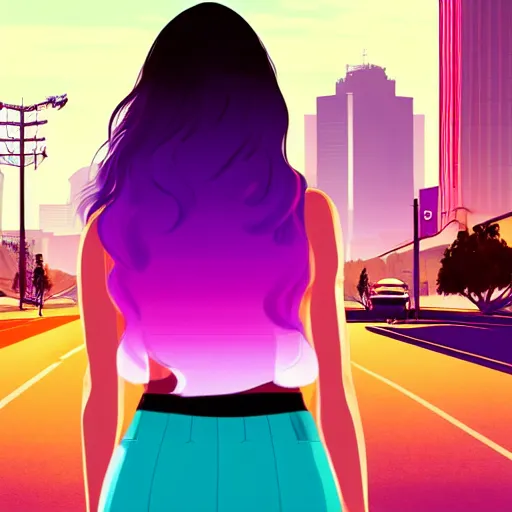 Image similar to a stunning GTA V loading screen with a beautiful woman with ombre hairstyle in purple and pink blowing in the wind, tanktop and skirt, city streets, digital art, trending on artstation