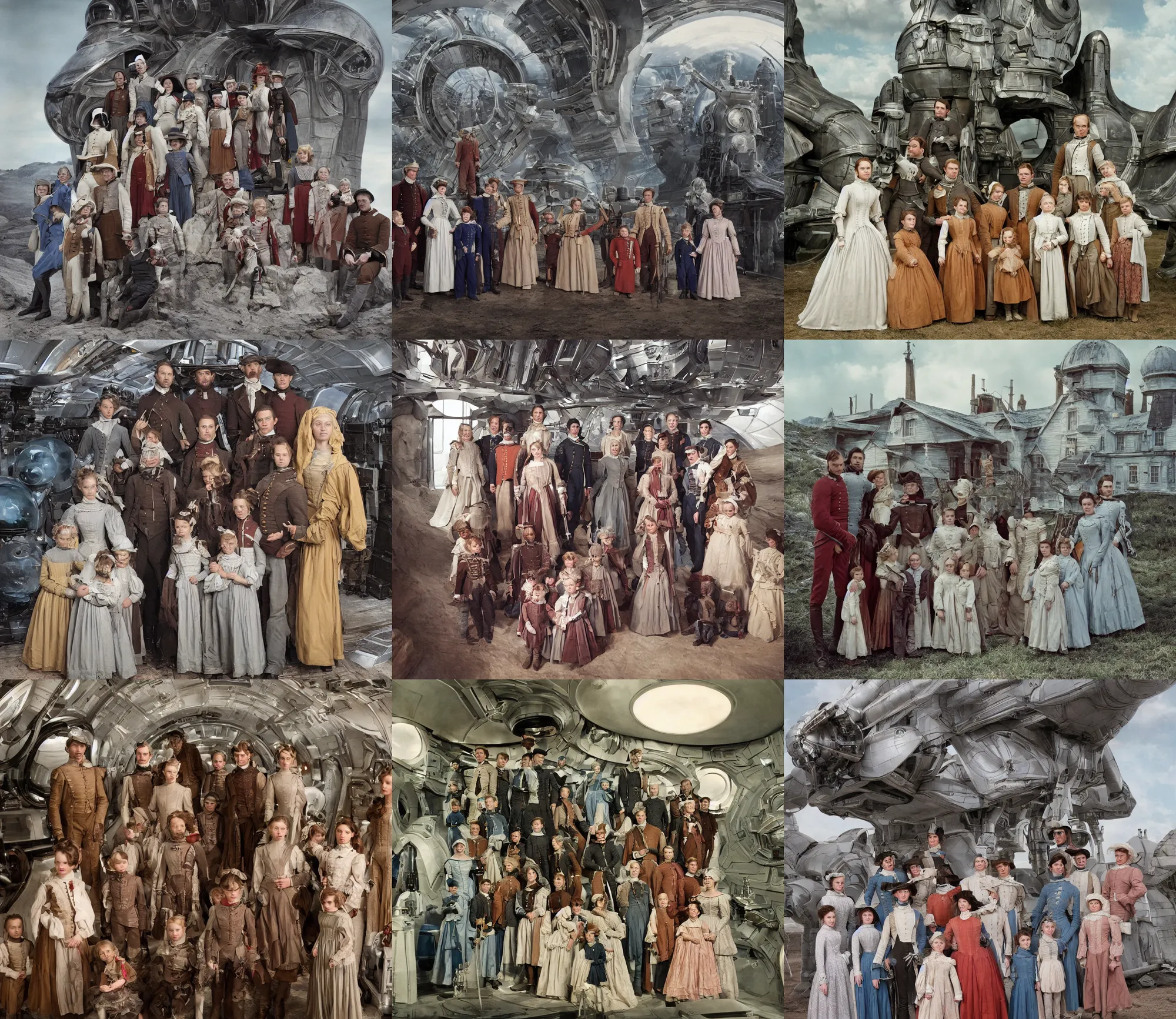 Prompt: sharp, highly detailed, 9216k film, 175000mm film still from a sci fi blockbuster color movie made in 2019, set in 1860, of a family standing in front of their spaceship, on an alien planet, the family are all wearing 1860s era clothes, good lighting, in focus, 350mm f/1.4L lens