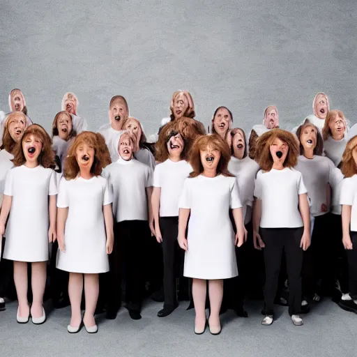 Prompt: tv commercial for singing choir crowd of over 2 0 ers - 2 1 0 robot dogs white background