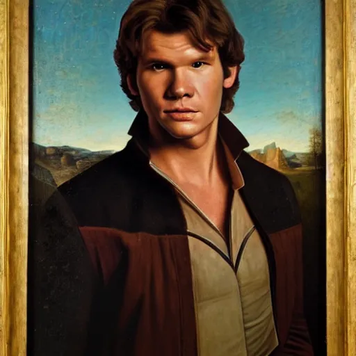 Image similar to a portrait painting of han solo from star wars in a renaissance style hanging in the louvre