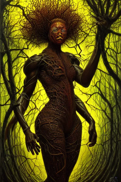 Prompt: hyperrealistic super expressive! black woman with detailed exoskeleton armor, merging with tree in a forest, concept art masterpiece brad kunkle hannah yata dramatic yellow light low angle hd 8k sharp focus