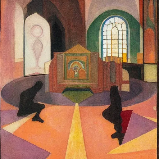 Image similar to scene,prayer,occult,refugees,mosque synagogue interior,masks,geometric art,prism,patina,edward hopper,hilma af klint