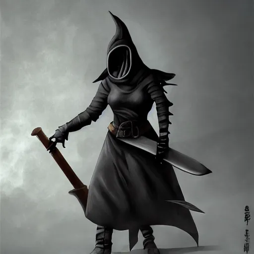 Image similar to female plague doctor donning a black hood, steel knightly armor and a white armored pointy crow mask, trending on artstation
