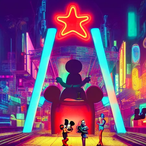 Image similar to a group of people standing around a giant one - eyed mickey mouse, cyberpunk art by david lachapelle, cgsociety, dystopian art, netflix neon logo concept art, neons, interior