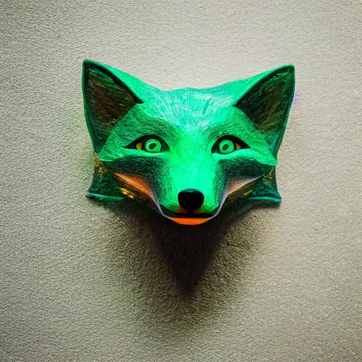 Image similar to Portrait photography of an Emerald fox sculpture with glowing orange eyes