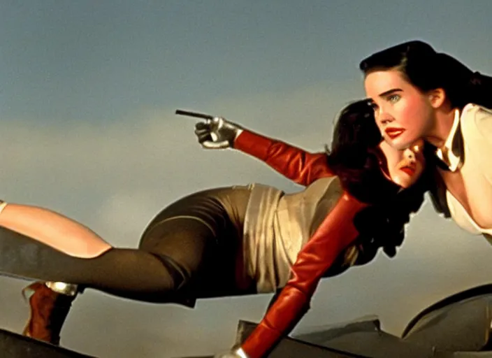 Image similar to a color movie still from the modern film the rocketeer featuring young jennifer connelly in her role as jenny blake ; color