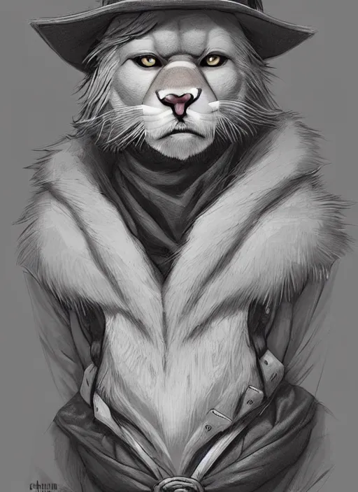 Image similar to beautiful portrait commission of a male furry anthro!!! albino mountain lion wearing old-timey miner's clothes. Atmospheric. Character design by charlie bowater, ross tran, artgerm, and makoto shinkai, detailed, inked, western comic book art