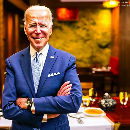 Image similar to A Photo Portrait of Joe Biden Wearing Indonesian Batik Tulis at a fancy Balinese restaurant, award winning photography, sigma 85mm Lens F/1.4, blurred background, perfect faces