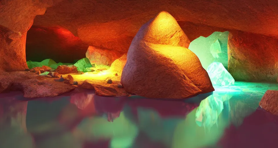 Prompt: gemstone in cave with light inside, colorful, refraction, acoustic , highly detailed, 8k post-processing highly detailed, rendered by octane engine