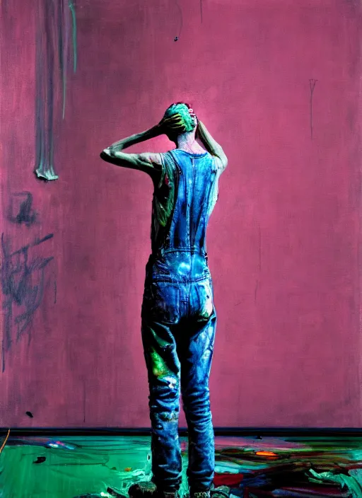 Prompt: an insane, skinny, artist wearing dirty, torn overalls, expressive painting the walls inside a grand messy studio, depth of field, hauntingly surreal, highly detailed by francis bacon, edward hopper, and glenn brown, soft light 4 k in pink, green and blue colour palette, cinematic composition, high quality octane render,
