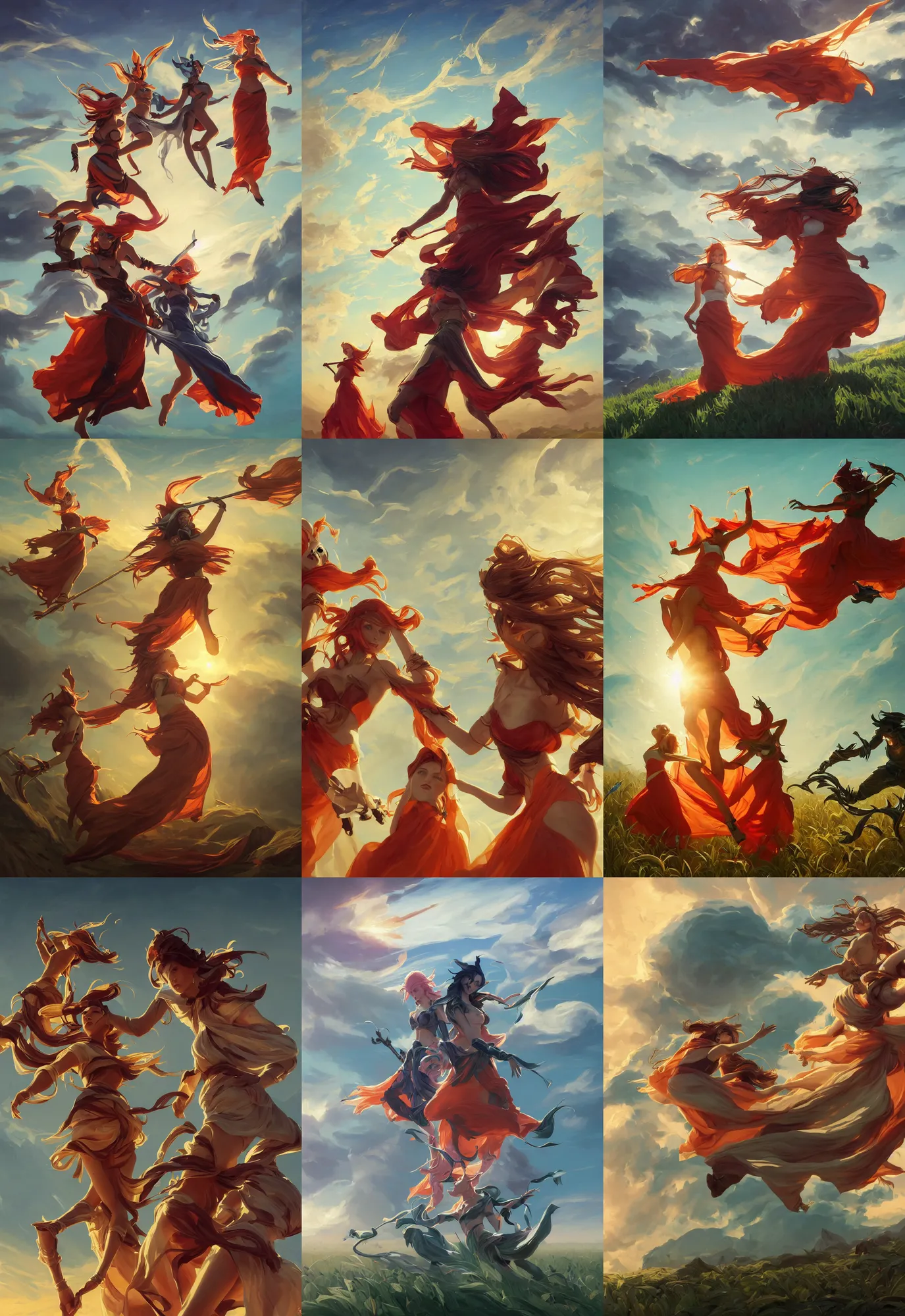 Prompt: league of legends and warframe art, three floating girl in orange and white maxi dresses between clouds above green fields in sunset light, close up portrait, elegant, intricate, digital painting, artstation, concept art, golden hour, epic composition, smooth, sharp focus, illustration, art by ed mell and Daniel F. Gerhartz and Jacek Malczewski and gustav klimt, Tibor Nagy