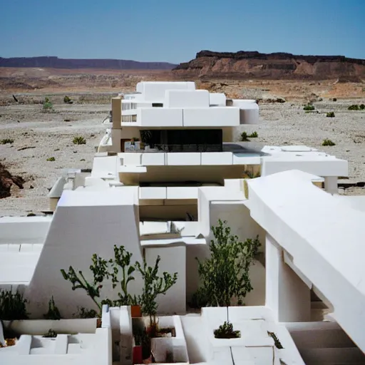 Image similar to habitat 6 7, white lego architect hotel in the dessert, many plants and infinite pool