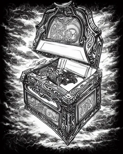 Prompt: a treasure chest, black and white, fantasy art, object art, in the style of masami kurumada, illustration, epic, fantasy, intricate, hyper detailed, artstation, concept art, smooth, sharp focus, ray tracing