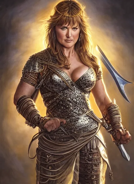 Image similar to Lucy Lawless as Xena as a ruggedly handsome hero holding an enormous large dual wielding sword, intricate, elegant, highly detailed, centered, digital painting, artstation, concept art, smooth, sharp focus, illustration, artgerm, donato giancola, Joseph Christian Leyendecker, WLOP, Boris Vallejo, Artgerm