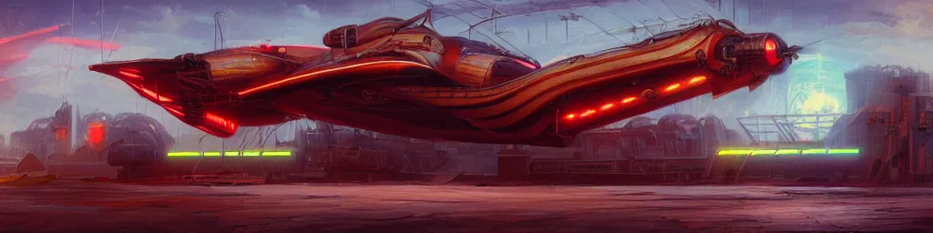 Image similar to concept art, retro - futurist steampunk pilot, airship hangar, imperious, octane render, artstation, dramatic neon lighting, glowing imperial motifs, eerie, mysterious, red turquoise accents, bladerunner, by gerald brom, james jean, syd mead, akihiko yoshida, cinematic