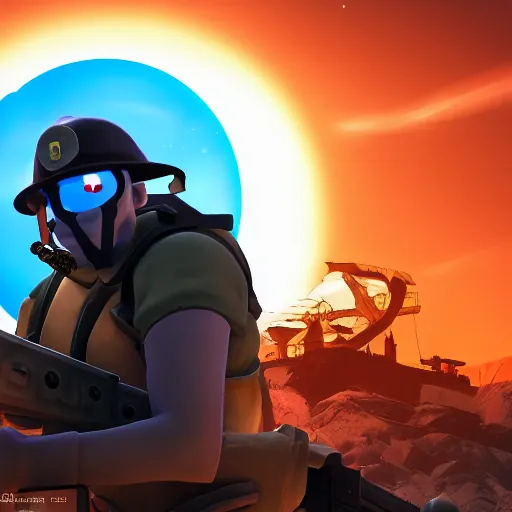 Image similar to Soldier from Team Fortress 2 in front of the sun, cinematic, 8k