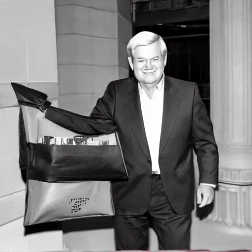 Image similar to Former House Speaker Newt Gingrich holding a big bag of money. CineStill
