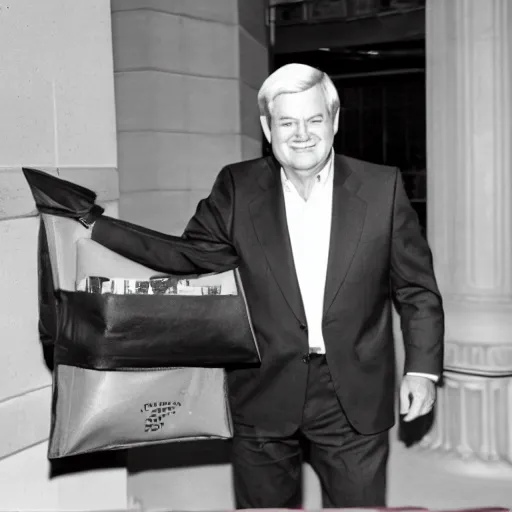 Prompt: Former House Speaker Newt Gingrich holding a big bag of money. CineStill