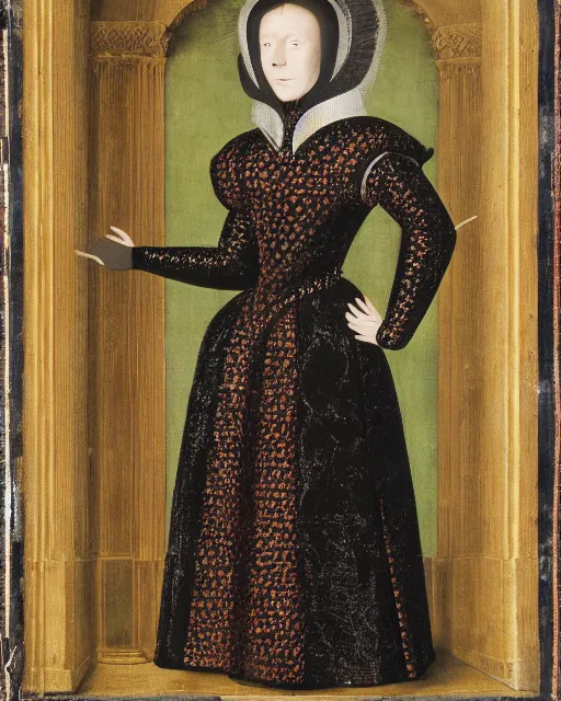Prompt: a portrait of a woman in metallic multicolored long robes, 1 5 0 0 s, muted background