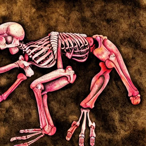 Image similar to skeleton in the fetal position, deep bleeding decaying colors