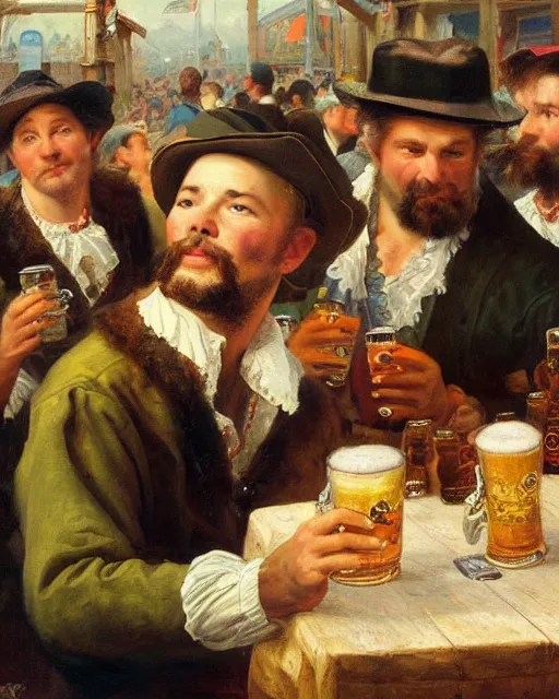 Image similar to a painting of jonathan frakes holding a mug of beer at the oktoberfest, a detailed painting by konstantin makovsky and by jan matejko and by nikolay makovsky, shutterstock contest winner, german romanticism, detailed painting, oil on canvas, wimmelbilder