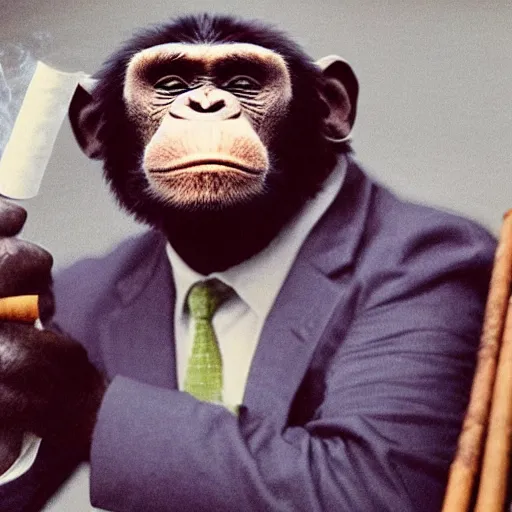 Image similar to a high detail photo of an antropomorphic chimp wearing a suit smoking a cigarrette, subject= chimp, subject detail: wearing a suit, subject action: smoking a cigarrette photorealism