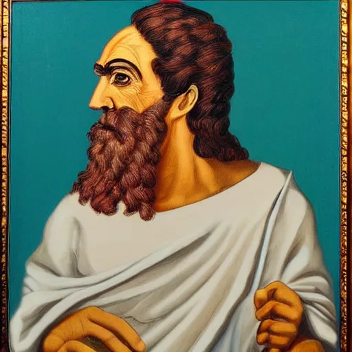 Prompt: portrait of ancient silly greek man with sharp nose. fine detail. artistic painting by lurid