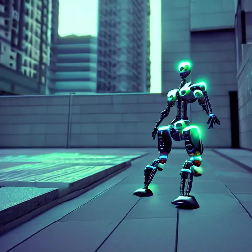 Image similar to Cyberpunk robot doing parkour:: photorealistic:: 4K:: 3D