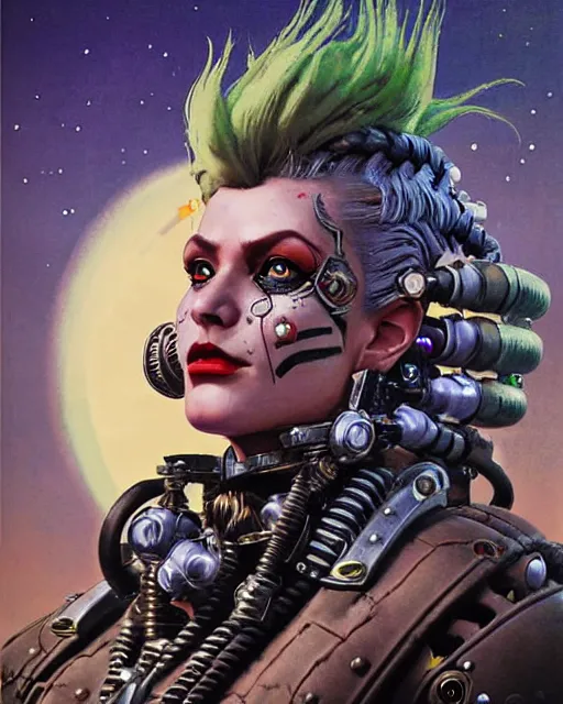 Prompt: junker queen from overwatch, mohawk, braids, face paint around eyes, character portrait, portrait, close up, concept art, intricate details, highly detailed, vintage sci - fi poster, retro future, in the style of chris foss, rodger dean, moebius, michael whelan, and gustave dore