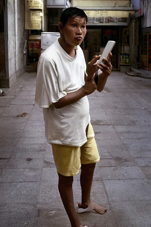 Prompt: Full-length portrait of a handsome!! young pregnant!! male on the streets of Hong Kong, with a big round belly, talking on his phone, wearing shorts, 2008, ultra detailed photograph, photographed by Annie Leibovitz and Steve McCurry