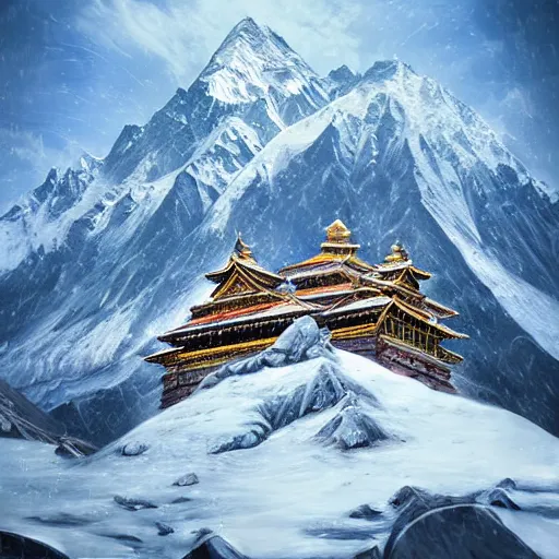 Prompt: snowy peaks, himalayas, buddhist temple, stunning, extraordinary, blizzard, mystical, made in abyss style, detailed, dynamic scene