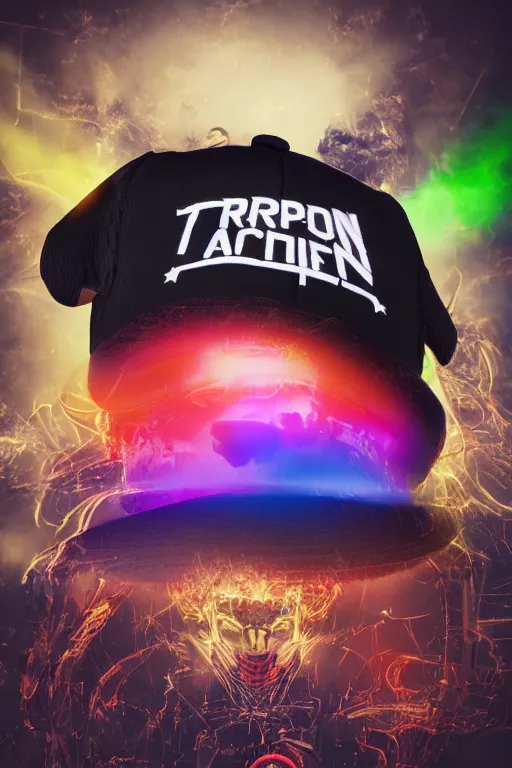 Image similar to fashion photo of one baseball cap, band merchandise, bandname is tripmachine, tourname is invasion of the tripmachines, realistic digital art, printed with a 3 d render of a huge futuristic steampunk generator, 8 k, fluorescent colors, halluzinogenic, multicolored, exaggerated detailed, unreal engine