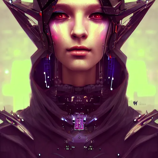 Image similar to cyberpunk robotic dark elvish queen, diadem on the head, black tears, extremely detailed, hyperrealistic, intricate, soft light, fantasy, digital painting, art station, perfect faces, fine details, by wlop