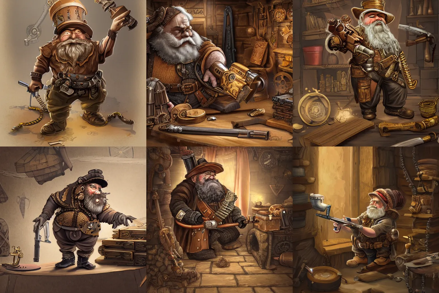 Prompt: a steampunk dwarf, crafting a gun in a workshop, illustration, intricate detail, 8 k