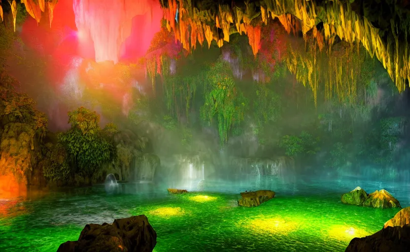 Prompt: a beautiful and stunning professional digital photo of a humongous crystal cave, vines, haze, waterfall, volumetric lighting, hyperrealistic, red, yellow, green, blue, sunset, unreal engine 5, ultra detail