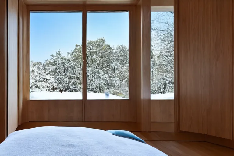 Image similar to a wardrobe with one of its doors open with winter inside it, luxurious bedroom with wooden floor and sunbeams streaming through the window