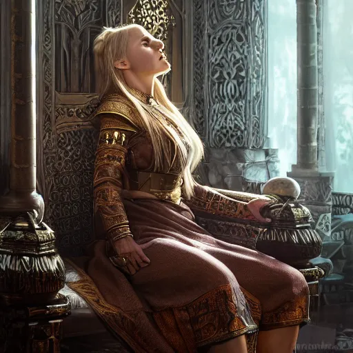 Image similar to the elder scrolls vi, charismatic regal blonde female jarl, portrait, exquisitely designed throne room, atmospheric lighting, painted, intricate, volumetric lighting, beautiful, daytime, slightly sunny weather, sharp focus, deep colours, ultra detailed, by leesha hannigan, ross tran, thierry doizon, kai carpenter, ignacio fernandez rios