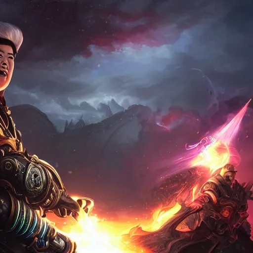 Image similar to portrait of kim - jong un as a spellcaster and mage, league of legends amazing splashscreen artwork, gears of war, splash art, natural light, elegant, photorealistic facial features, intricate, fantasy, detailed face, atmospheric lighting, anamorphic lens flare, cinematic lighting, league of legends splash art, hd wallpaper, ultra high details by greg rutkowski