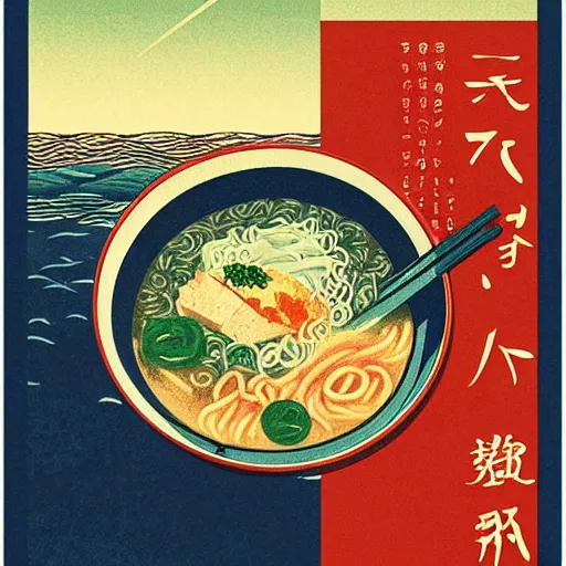 Prompt: bowl of ramen in the sea at sunset in the style of hasui kawase, as a bauhaus vintage exhibition poster, vintage, grainy