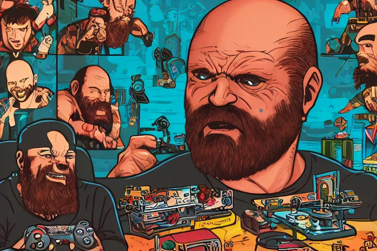 Image similar to a bald man with a big red beard playing video games by dan mumford and sandra chevrier, 4 k