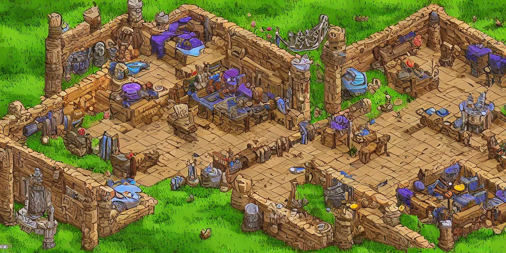 Image similar to A high detailed ìsometric vector art presenting an aerial view of a RPG tavern by Breath of Fire 4, Patreon content, containing tables and walls, HD, straight lines, vector, grid, dnd map, map patreon, fantasy maps, foundry vtt, fantasy grounds, aerial view ,dungeondraft , tabletop, inkarnate, dugeondraft, roll20