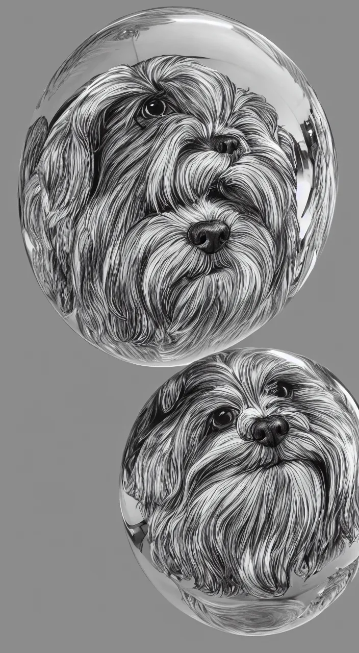 Prompt: full body portrait of one havanese dog reflected in a chrome sphere, ultra wide 1 0 mm, by m c escher pen and paper