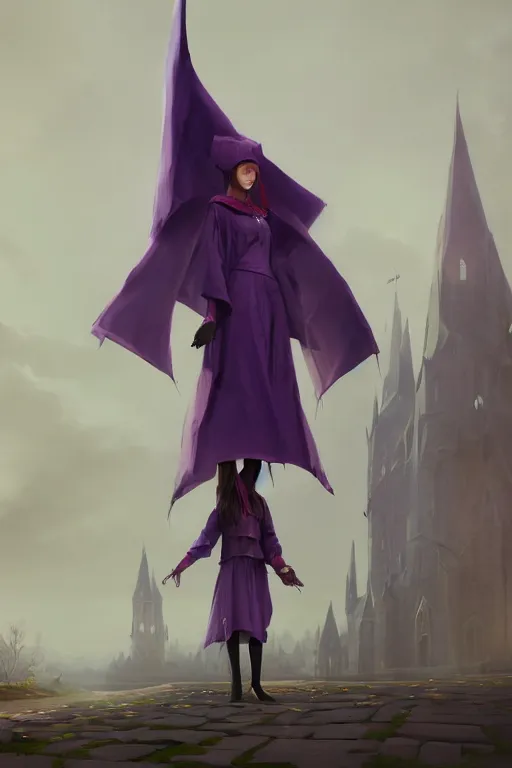 Image similar to Young beautiful short woman in purple witch robes and pointy hat at a university, full body shot unreal engine hyperreallistic render 8k character concept art masterpiece digital art by Greg Rutkowski, Simon Stalenhag, trending on Artstation, CGSociety