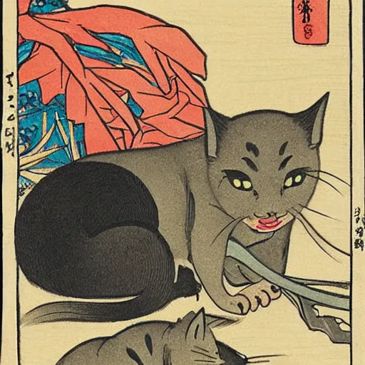 Prompt: cat stalking a mouse by Hokusai, ukiyo-e art