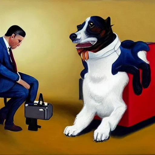 Image similar to A beautiful painting of a man, with what appears to be a dog, in a business suit with a suitcase. The man's eyes are wide and his mouth is open, as if he is screaming. The dog is also in a business suit and is looking at the man with a perplexed expression. The background is a swirl of colors and shapes. studio lighting, light violet by Wim Wenders straight