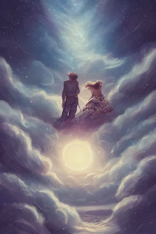 Prompt: man and woman sea and night sky with stars and galaxies, ornate detailed background, trending on artstation, by rossdraws