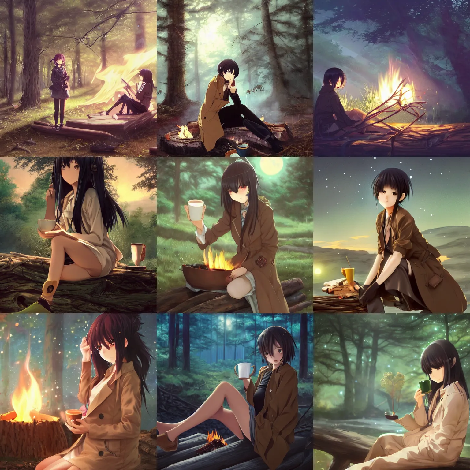 Prompt: An anime girl by WLOP with short black hair and green eyes in a tan trenchcoat sitting on a log and drinking tea by the campfire by her motorcycle at night under the stars, evocative, mystical night, very very very very detailed, award winning, aesthetic octane render, masterpiece digital painting by Greg Rutkowski, Alex Grey, artstation, 4k wallpaper