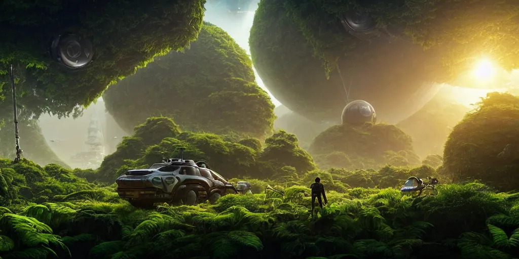 Image similar to a huge futuristic rusty old alien spaceship, next to it a smaller exploration ship on a landing pad, surrounded by a lush alen jungle, in the foreground two explorers are arguing next to tiny animals!!, the animals are walking around, dawn, volumetric light, hyperdetailed, artstation, cgsociety, 8k