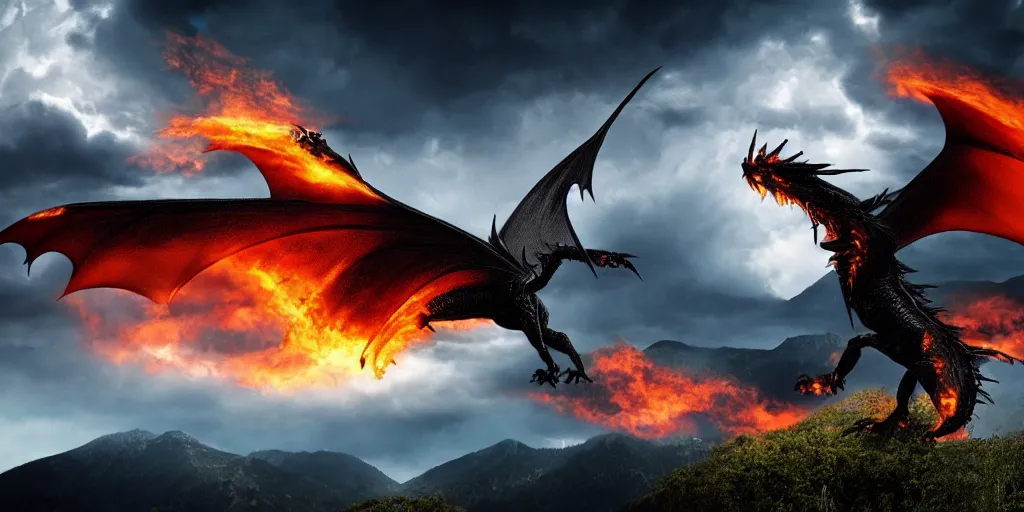 Image similar to a powerful flying black fire Dragon spitting fire in the foreground, big Mountains and wide forrests with trees are in the Background, stormy weather at night ,cinematic Style, hyperrealistic