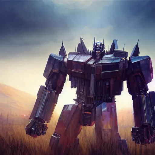 Image similar to optimus prime in a field, matte painting by greg rutkowski, artstation